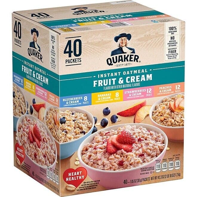 Quaker Instant Oatmeal Fruit & Cream, Variety Pack (42.3 oz., 40 pk.)1.78kg