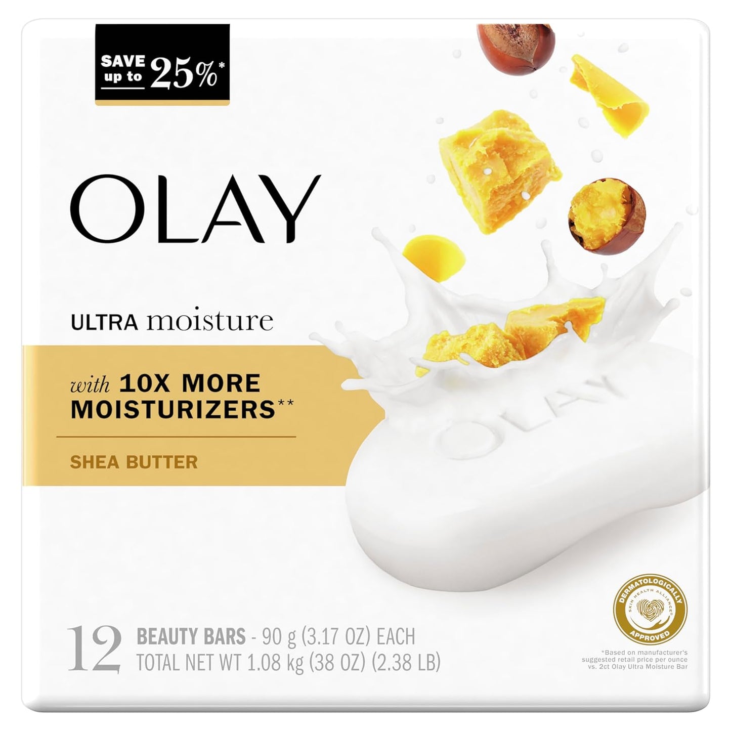 Olay Moisture Outlast Ultra Moisture Shea Butter Beauty Bar with Vitamin B3 Complex, 3.17 oz, (Pack of 12)