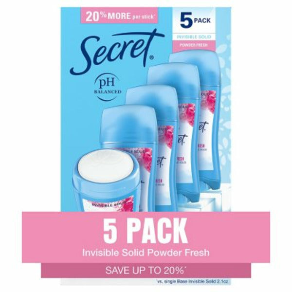 Secret Invisible Solid Antiperspirant and Deodorant, Powder Fresh, 2.1 oz, Pack of 5