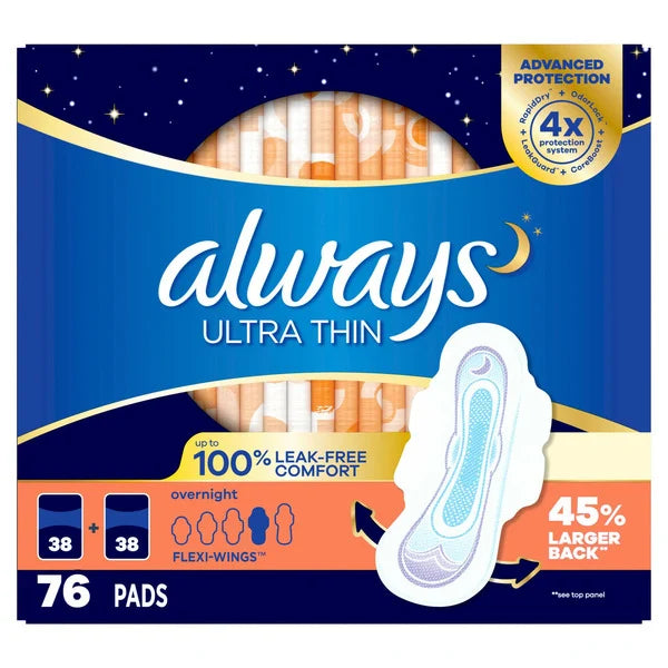 Always Ultra Thin Advanced Overnight Pads, 76-count