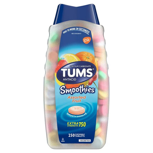 TUMS Smoothies Extra Strength Antacid Chewable Tablets for Heartburn Relief, Assorted Fruit - 250 Tablets